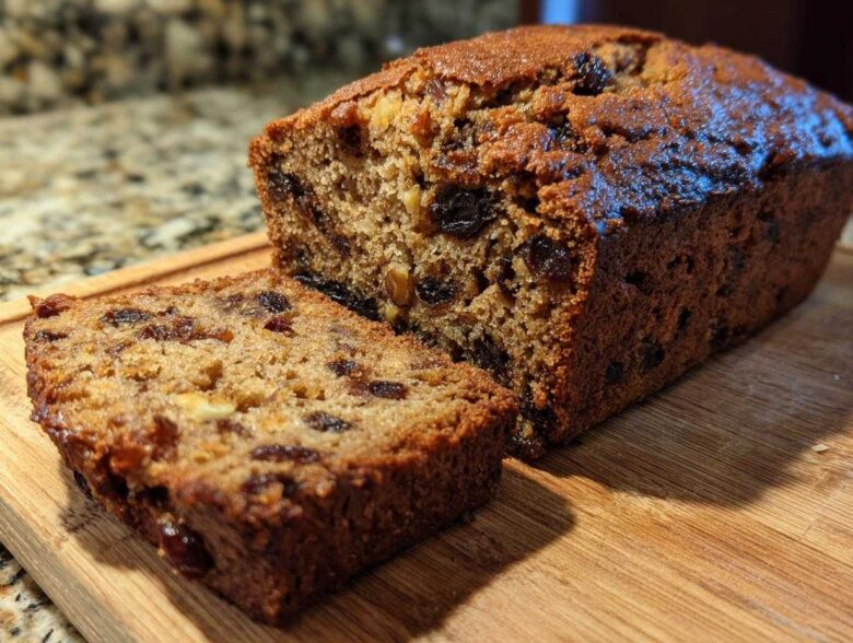 A freshly baked, moist date nut bread loaf with one slice cut and resting beside it on a wooden board.