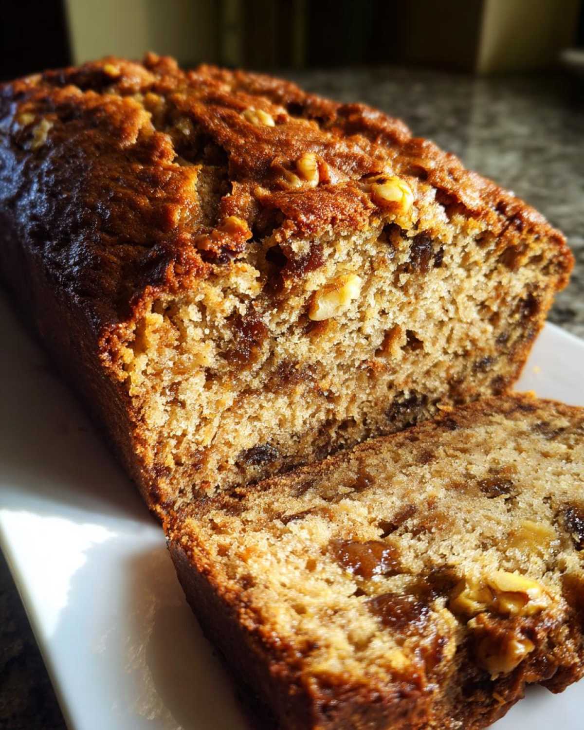 Close-up of a freshly baked loaf of date nut bread, showing a moist interior filled with dates and walnuts.