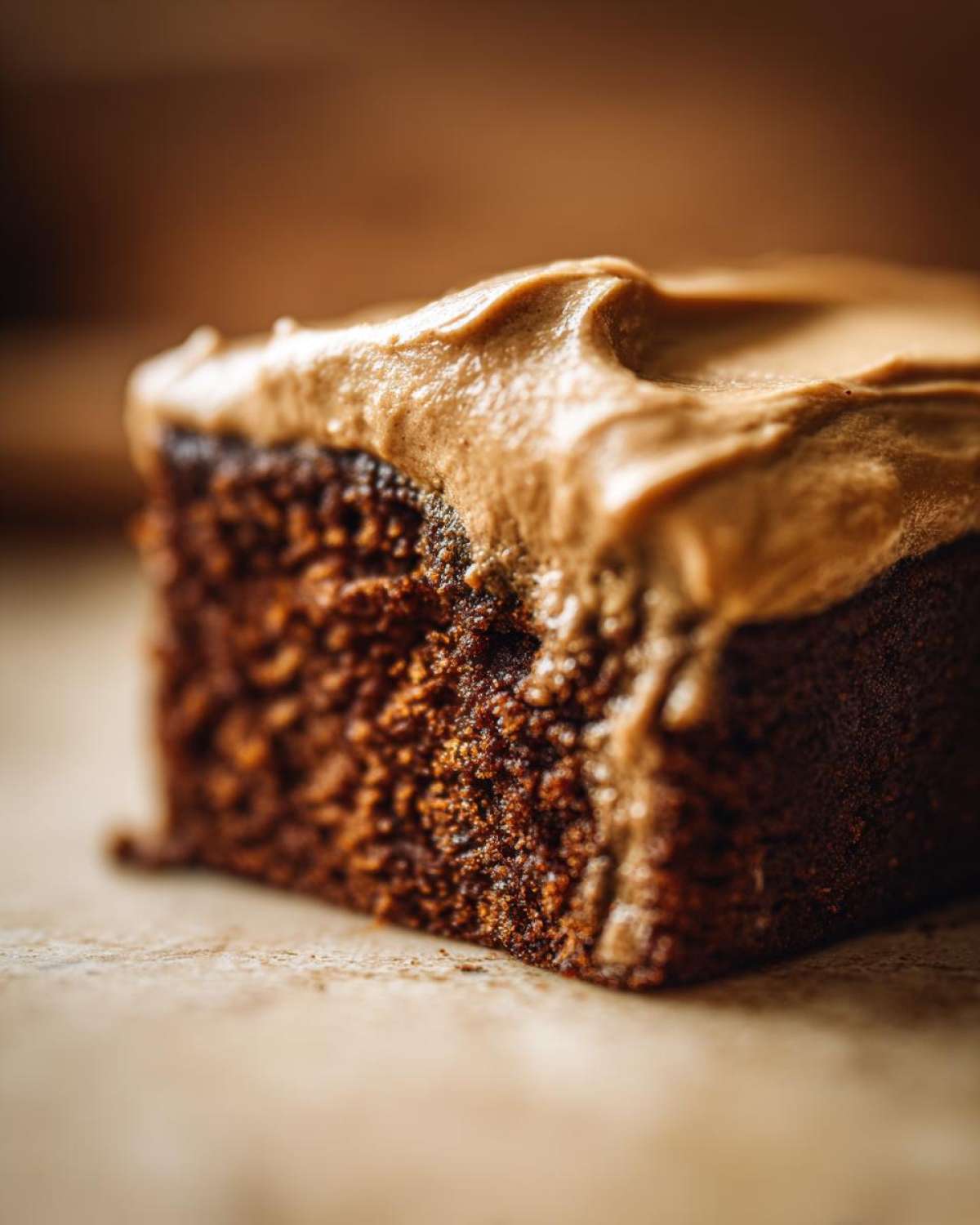 Close-up of a moist slice of dark gingerbread cake topped with thick, creamy brown frosting.