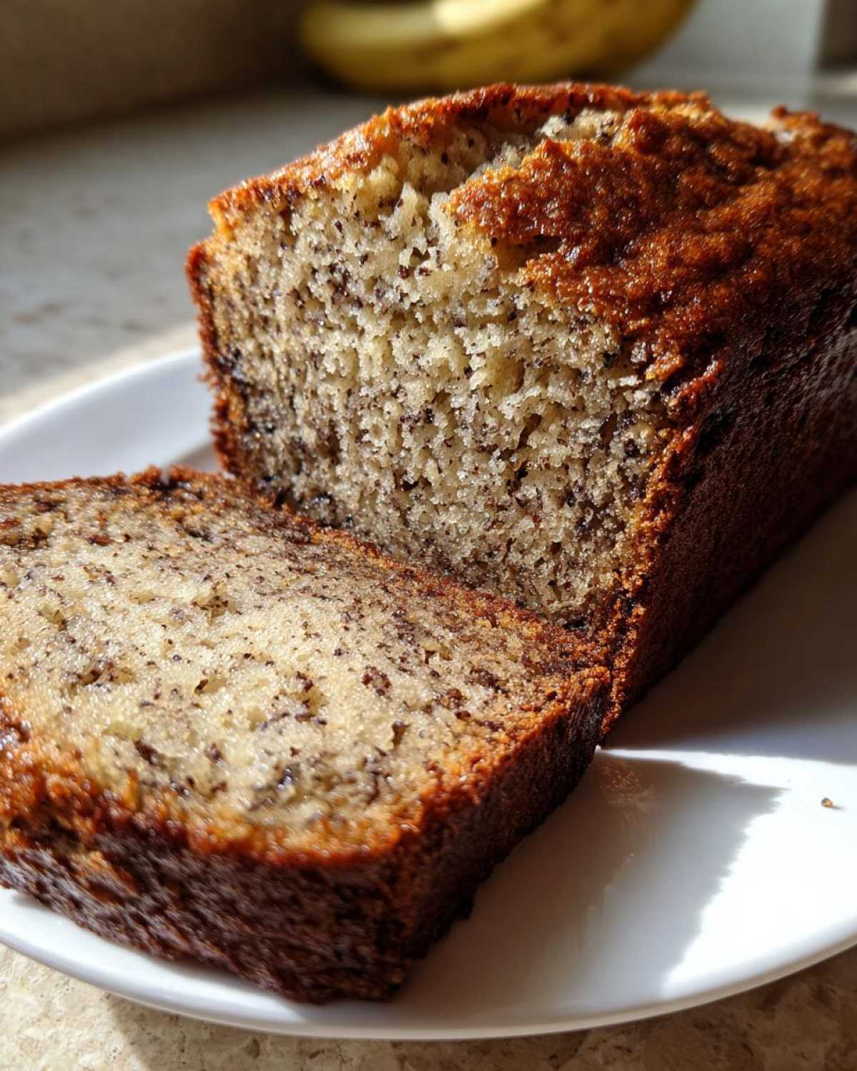 Close-up of a moist slice cut from a loaf of greek yogurt banana bread, showing dark flecks of banana.