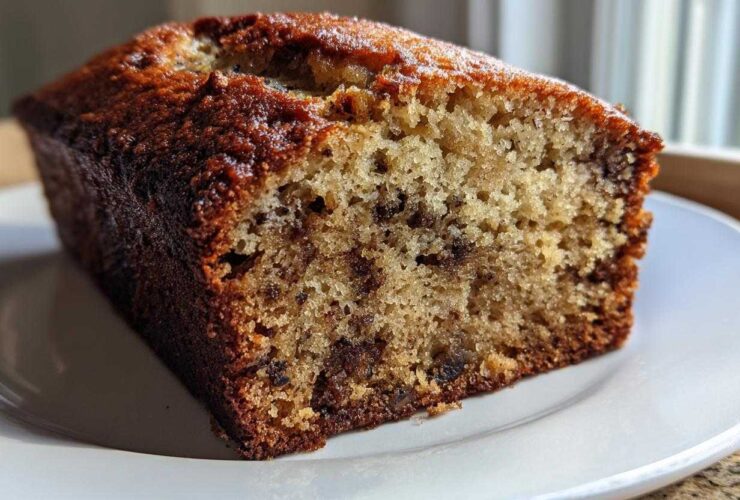 Close-up of a moist slice of greek yogurt banana bread with visible chocolate chips on a white plate.