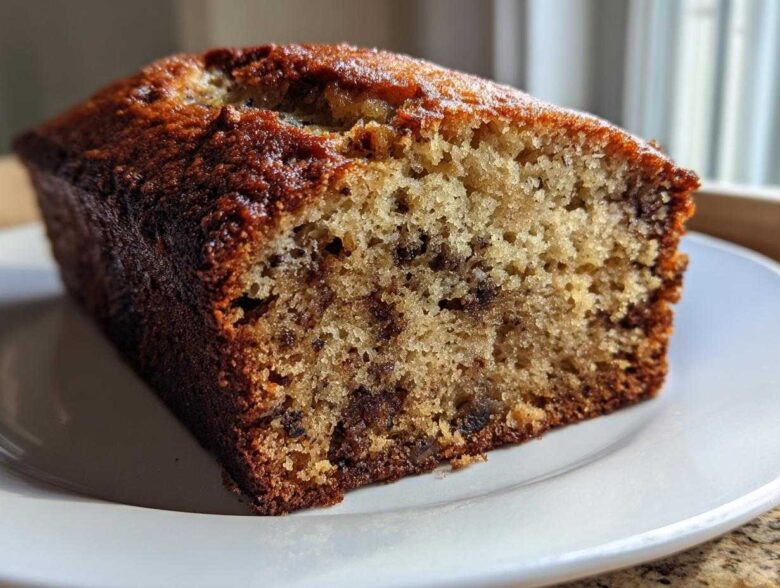 Close-up of a moist slice of greek yogurt banana bread with visible chocolate chips on a white plate.