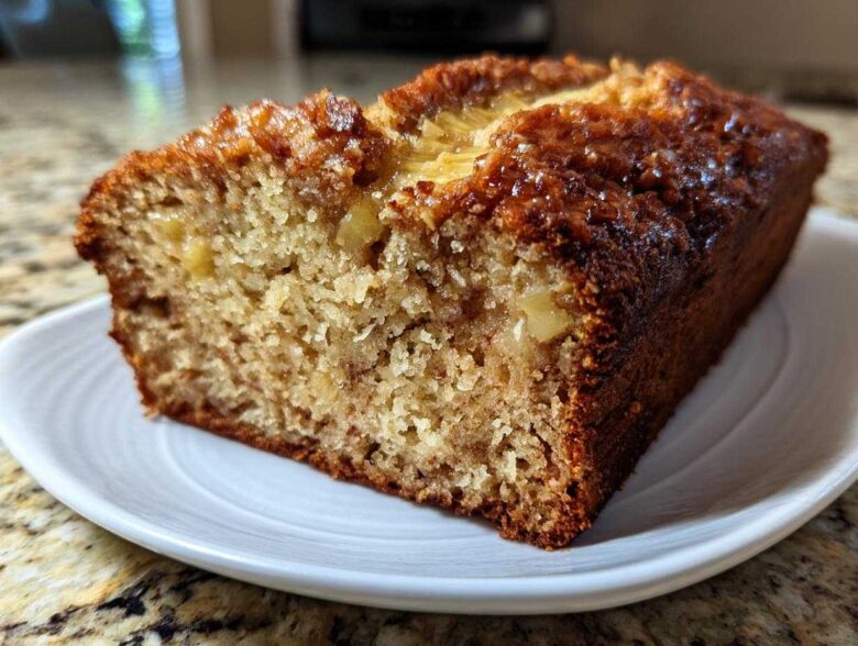 A close-up of a moist slice of Hawaiian banana bread with a caramelized, dark brown crust.