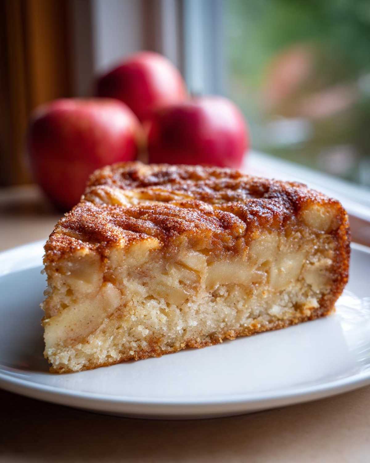 A moist slice of jewish apple cake, rich with baked apples and a cinnamon sugar topping, served on a white plate.