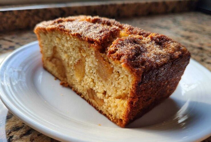 A close-up of a moist slice of jewish apple cake with visible apple chunks, served on a white plate.