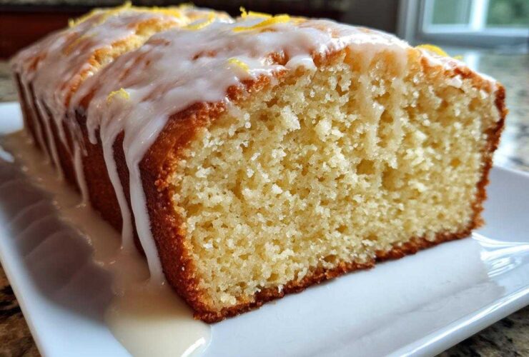 Close-up of a moist lemon loaf, sliced to show the crumb, generously covered in dripping lemon glaze and zest.