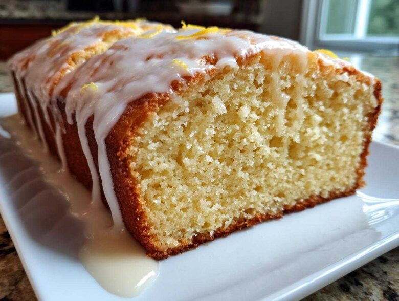 Close-up of a moist lemon loaf, sliced to show the crumb, generously covered in dripping lemon glaze and zest.