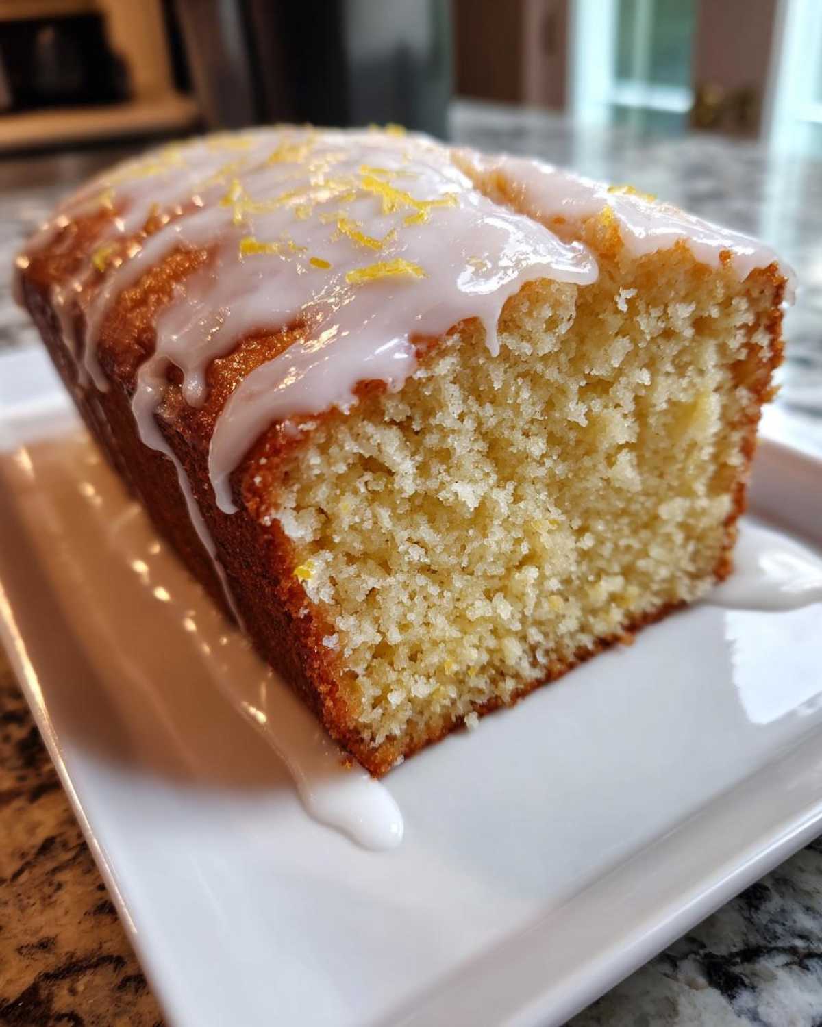 Close-up of a moist lemon loaf slice topped with white glaze and bright yellow lemon zest.