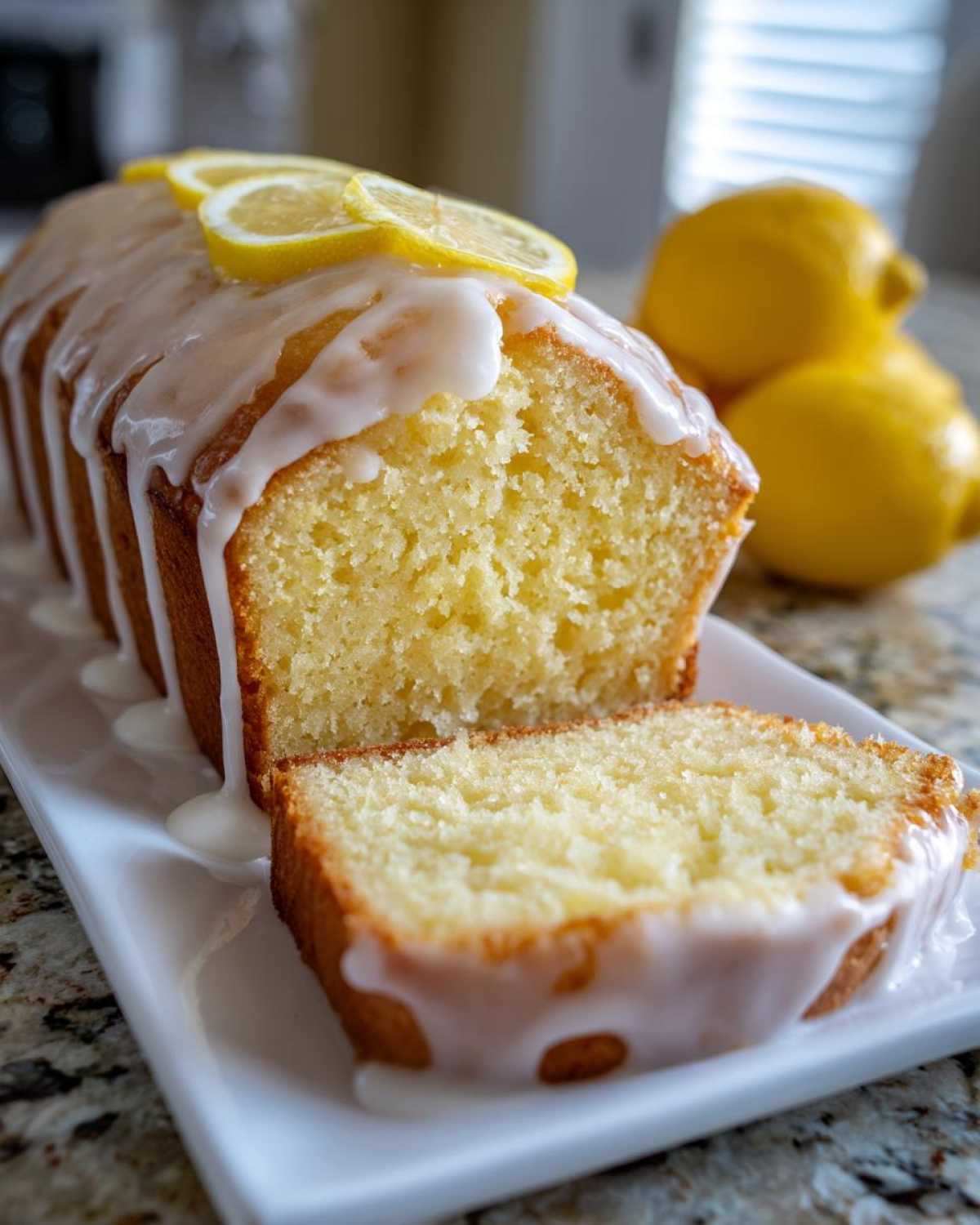 A close-up of a sliced lemon pound cake drizzled with white glaze and topped with lemon slices.
