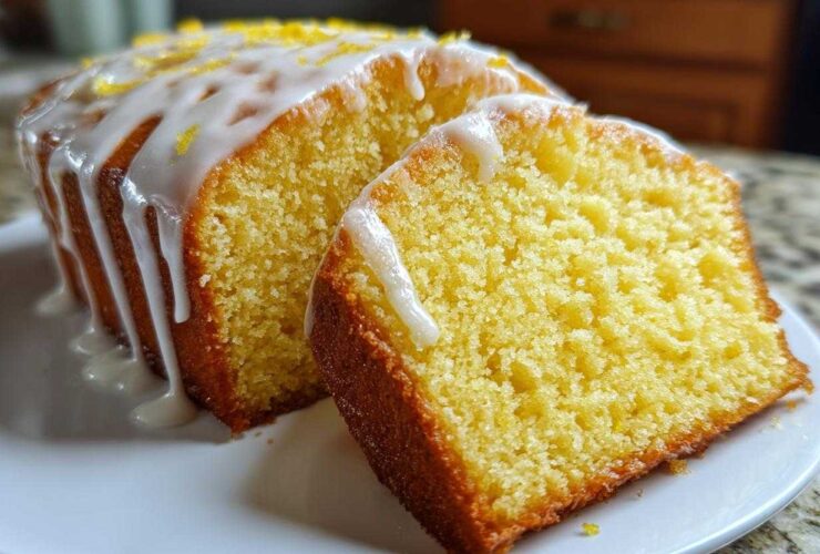 Close-up of a sliced lemon pound cake topped with white glaze and lemon zest.