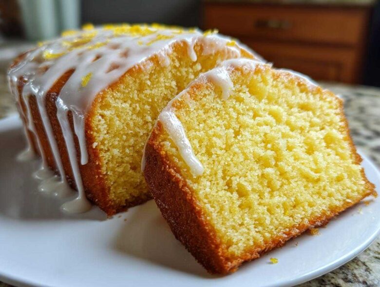 Close-up of a sliced lemon pound cake topped with white glaze and lemon zest.