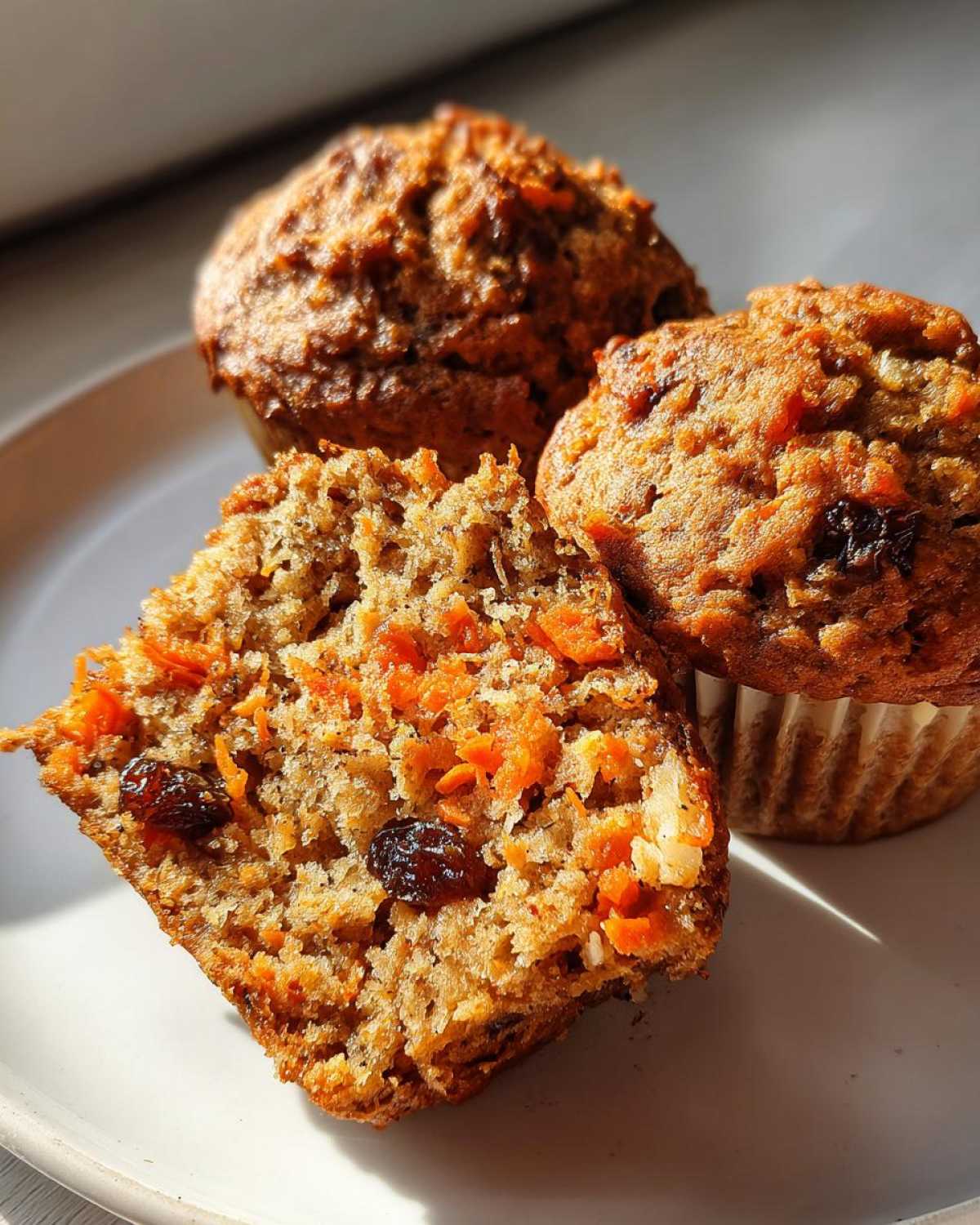 Close-up of moist morning glory muffins, one cut open showing shredded carrots and raisins inside.
