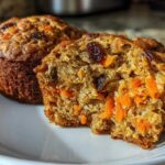 Close-up of a morning glory muffin cut in half showing moist texture, shredded carrots, and raisins inside.