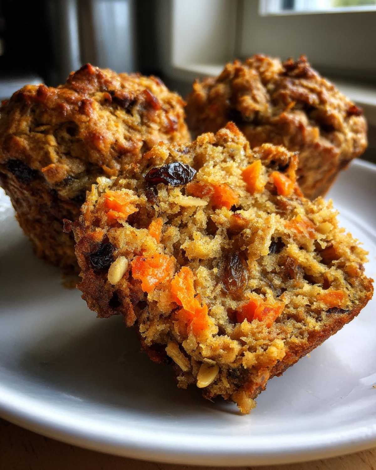 Close-up of a morning glory muffin cut in half showing moist texture, shredded carrots, raisins, and seeds.