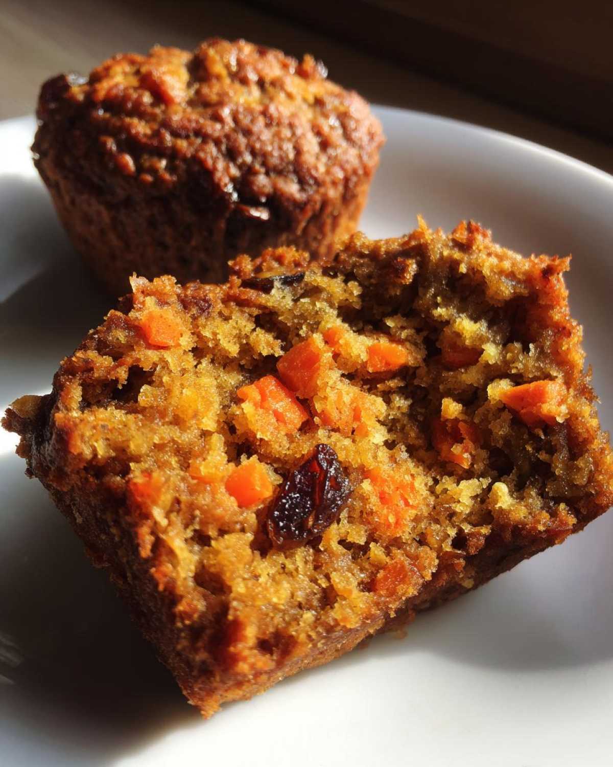 Close-up of a morning glory muffin cut in half showing moist texture, diced carrots, and raisins inside.