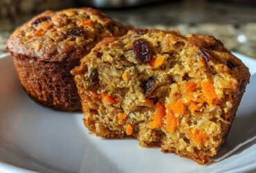 Close-up of a morning glory muffin cut in half showing moist texture, shredded carrots, and raisins inside.