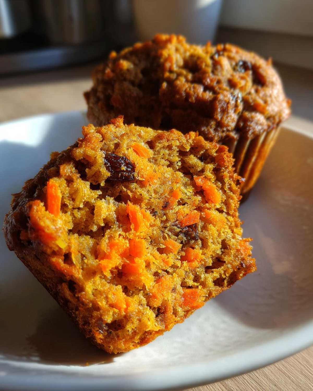 Close-up showing the moist, textured interior of a morning glory muffin, packed with shredded carrots and raisins.
