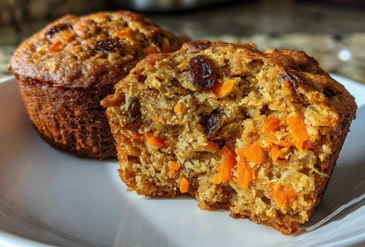Close-up of a morning glory muffin cut in half showing moist texture, shredded carrots, and raisins inside.