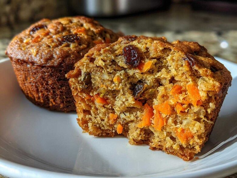 Close-up of a morning glory muffin cut in half showing moist texture, shredded carrots, and raisins inside.