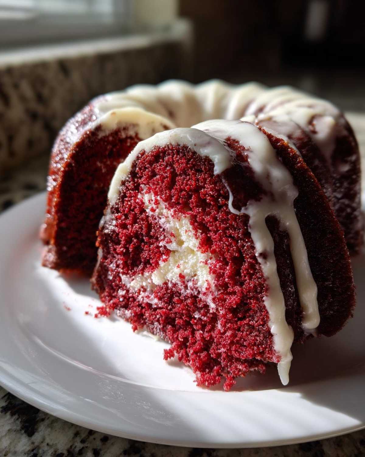 A slice cut from a moist red velvet bundt cake showing a cream cheese swirl filling, drizzled with white glaze.