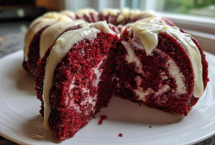 Close-up of a moist red velvet bundt cake slice showing the marbled cream cheese swirl and white glaze.