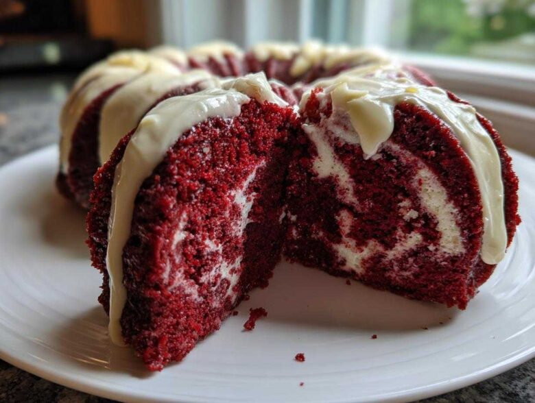 Close-up of a moist red velvet bundt cake slice showing the marbled cream cheese swirl and white glaze.