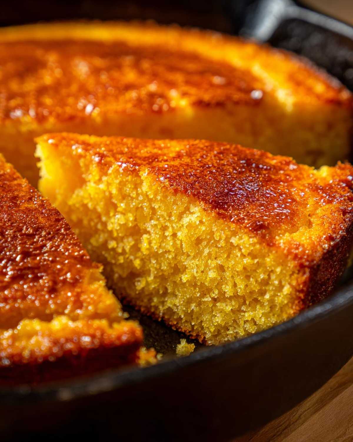 Close-up of a slice of golden, moist skillet cornbread showing its crumb texture and caramelized top.