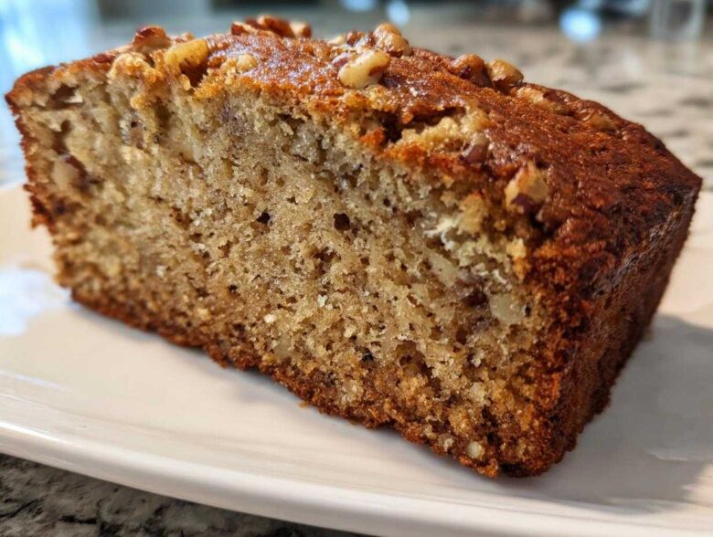 Close-up of a thick, moist slice of sugar free banana bread topped with chopped walnuts on a white plate.