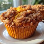 Close-up of a moist sweet potato muffin topped with a thick, sugary cinnamon crumb topping, sitting on a white plate.