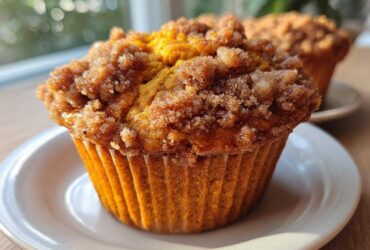 Close-up of a moist sweet potato muffin topped with a thick, sugary cinnamon crumb topping, sitting on a white plate.