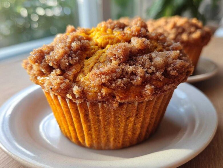 Close-up of a moist sweet potato muffin topped with a thick, sugary cinnamon crumb topping, sitting on a white plate.