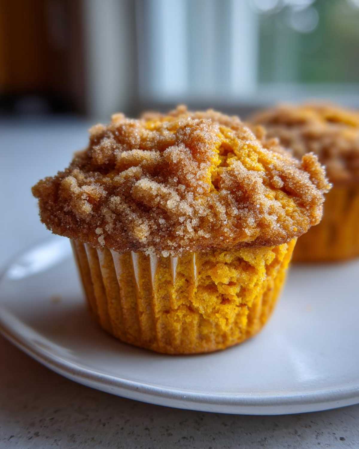 Close-up of a moist sweet potato muffin topped with a thick layer of cinnamon sugar streusel.