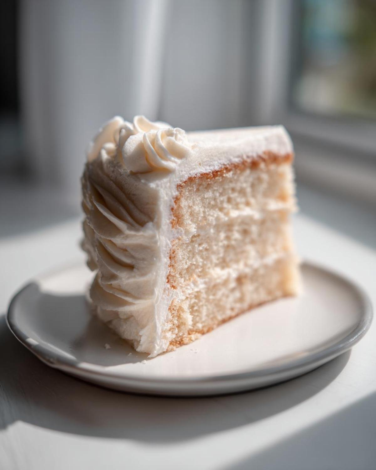 A close-up of a moist slice of layered vanilla cake recipe with white frosting swirls on a small white plate.