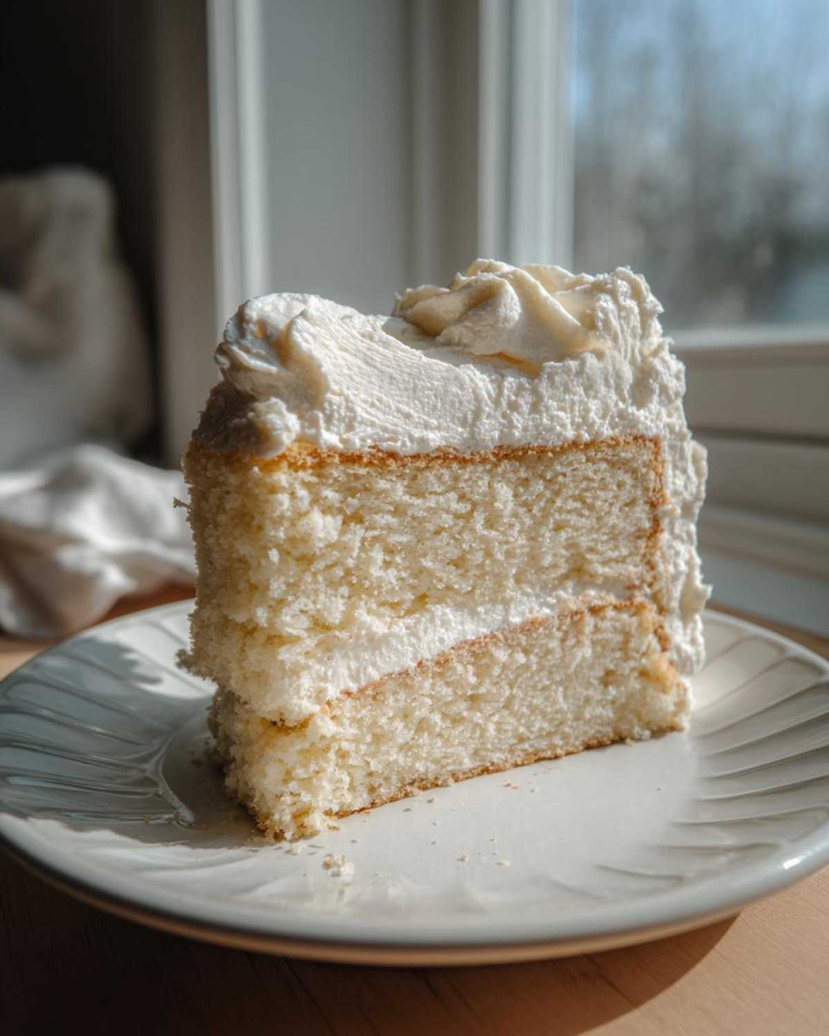 A perfectly moist slice of vanilla cake recipe with thick white frosting layers, sitting on a light plate.