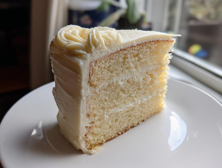 A perfectly moist slice of vanilla cake recipe with thick white frosting, sitting on a white plate.