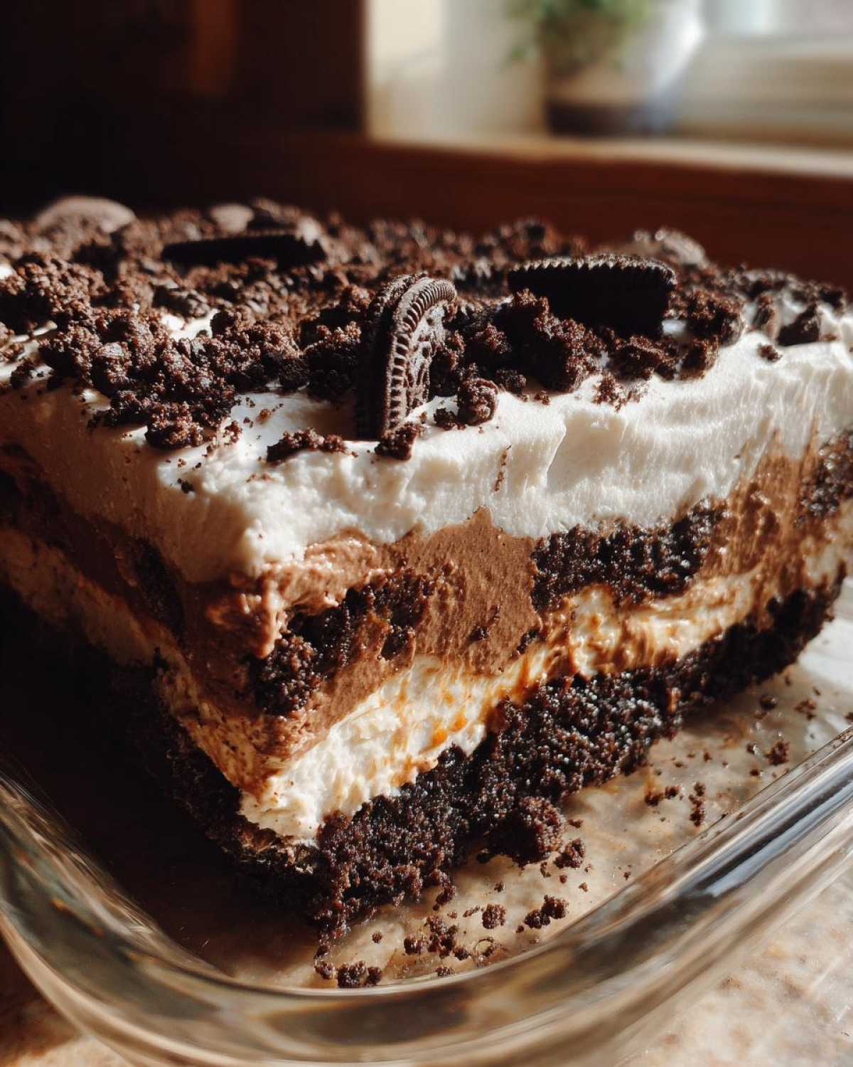 A decadent slice of no-bake oreo dirt cake showing layers of chocolate pudding, cream, and crushed cookies.