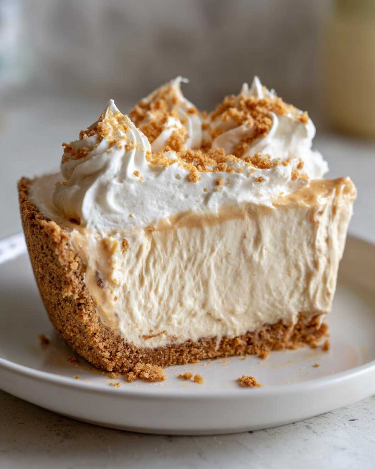 A thick slice of creamy no-bake peanut butter pie with a graham cracker crust, topped with whipped cream and crumbs.