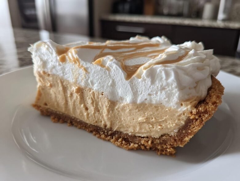 A thick slice of no-bake peanut butter pie showing graham cracker crust, creamy filling, and whipped topping drizzled with peanut butter.