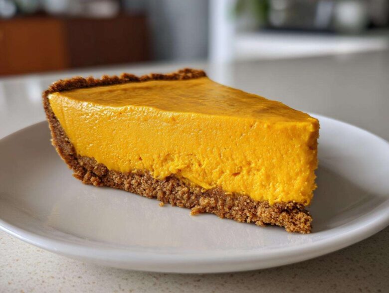 A thick, bright orange slice of no bake pumpkin pie with a dark graham cracker crust served on a white plate.