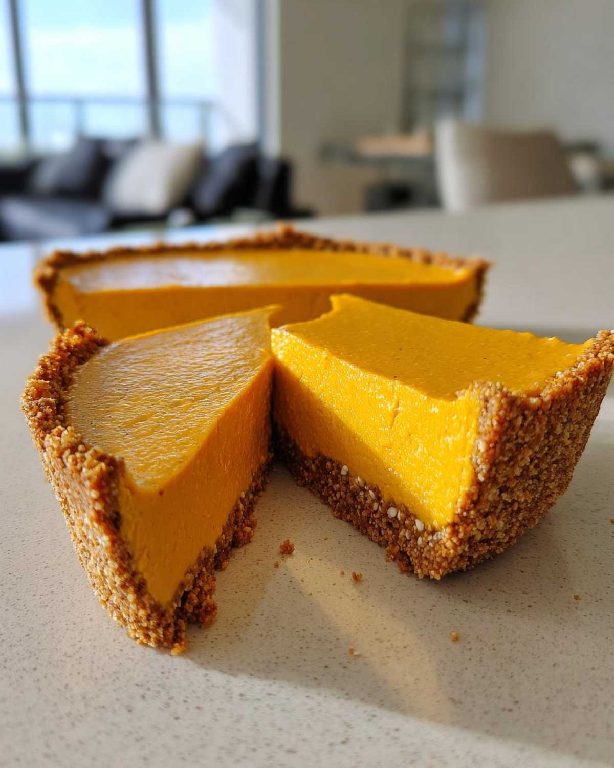A close-up of a rich, orange slice of no bake pumpkin pie showing its thick filling and textured crumb crust.