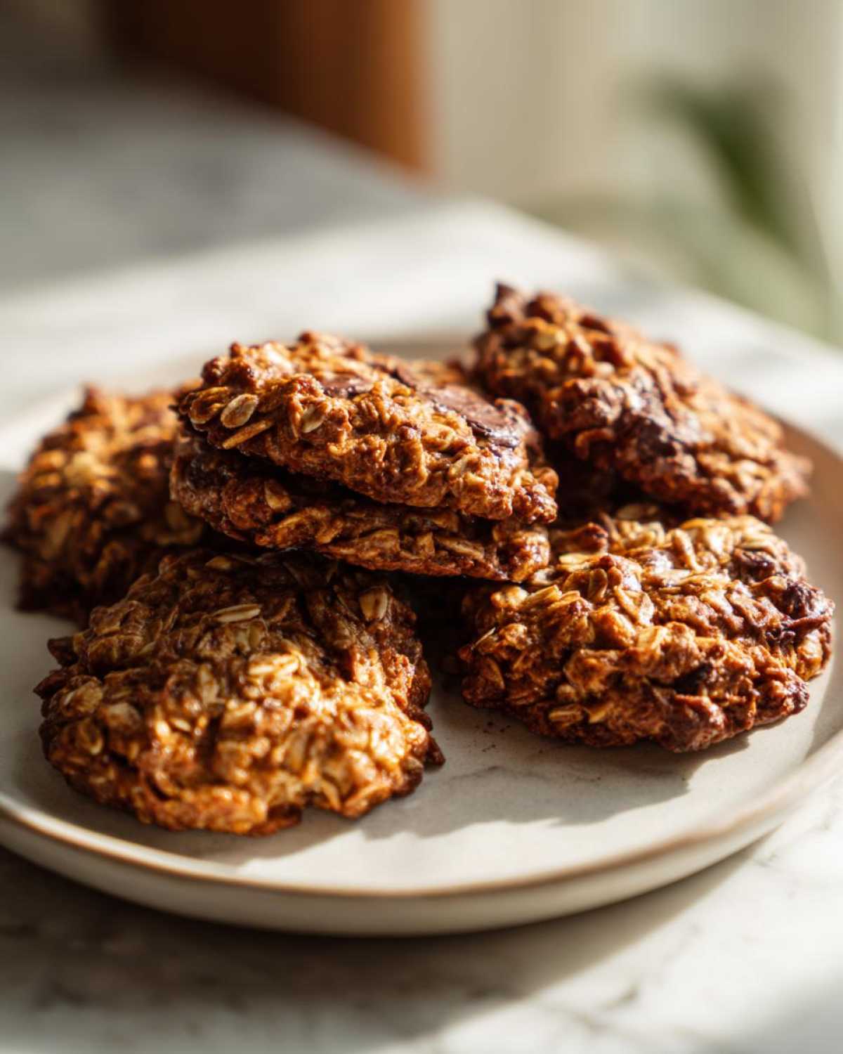 A stack of golden brown, textured breakfast cookie treats made with oats, resting on a light ceramic plate.