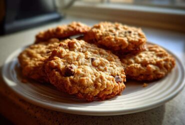 A plate stacked with several golden brown oatmeal breakfast cookie treats, highlighted by natural light.