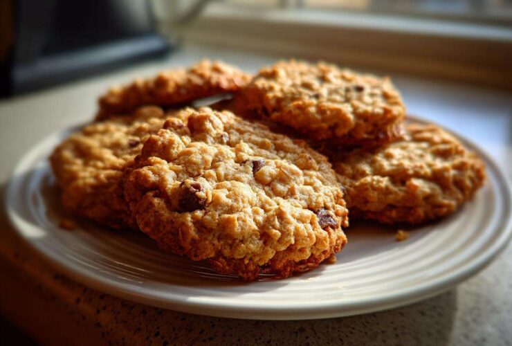 A plate stacked with several golden brown oatmeal breakfast cookie treats, highlighted by natural light.