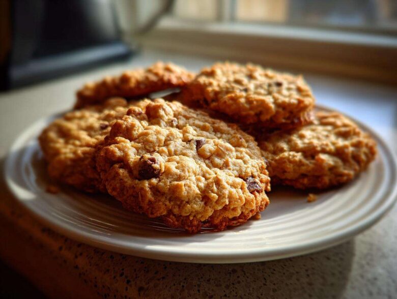 A plate stacked with several golden brown oatmeal breakfast cookie treats, highlighted by natural light.