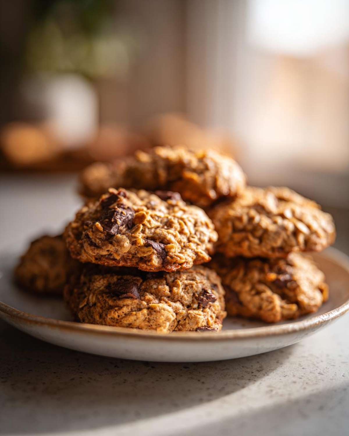 A stack of freshly baked, textured breakfast cookie with visible oats and chocolate chunks on a light plate.