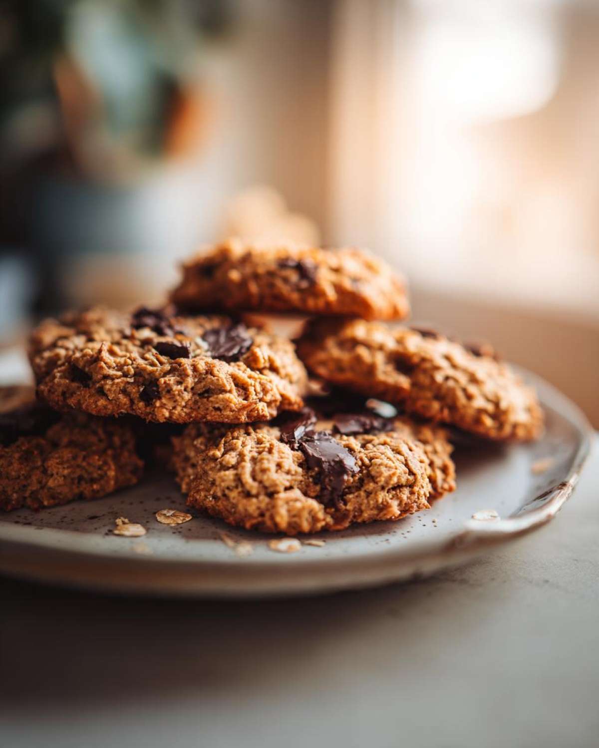 A close-up stack of hearty, oatmeal chocolate chip breakfast cookie on a rustic plate.