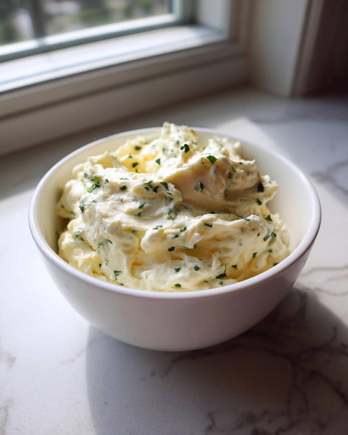 A white bowl filled with thick, creamy Olive Garden Alfredo Sauce garnished with chopped green herbs.