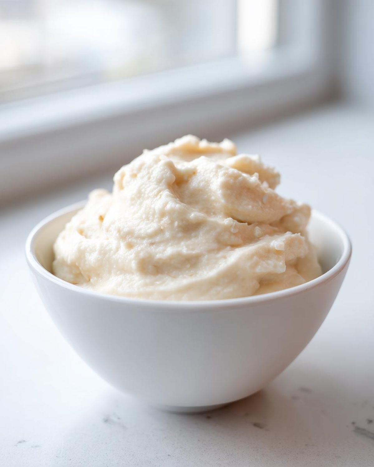 A close-up of thick, creamy homemade Olive Garden Alfredo Sauce served in a small white bowl.