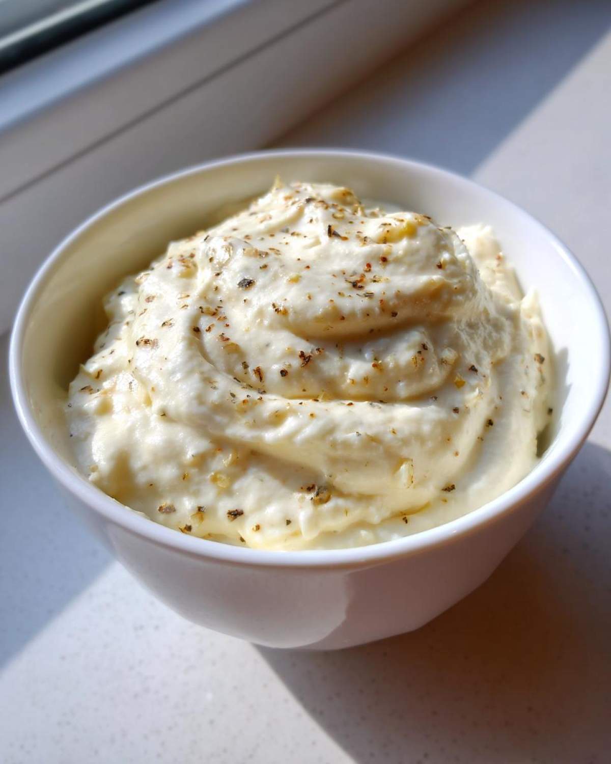 A close-up of thick, creamy Olive Garden Alfredo Sauce topped with pepper flakes in a white bowl.