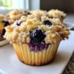 A close-up of a freshly baked blueberry muffin topped with sweet streusel crumbs.